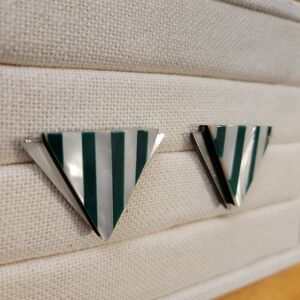 80s Forest Green and Opaque White Striped Triangle Earrings • Pierced